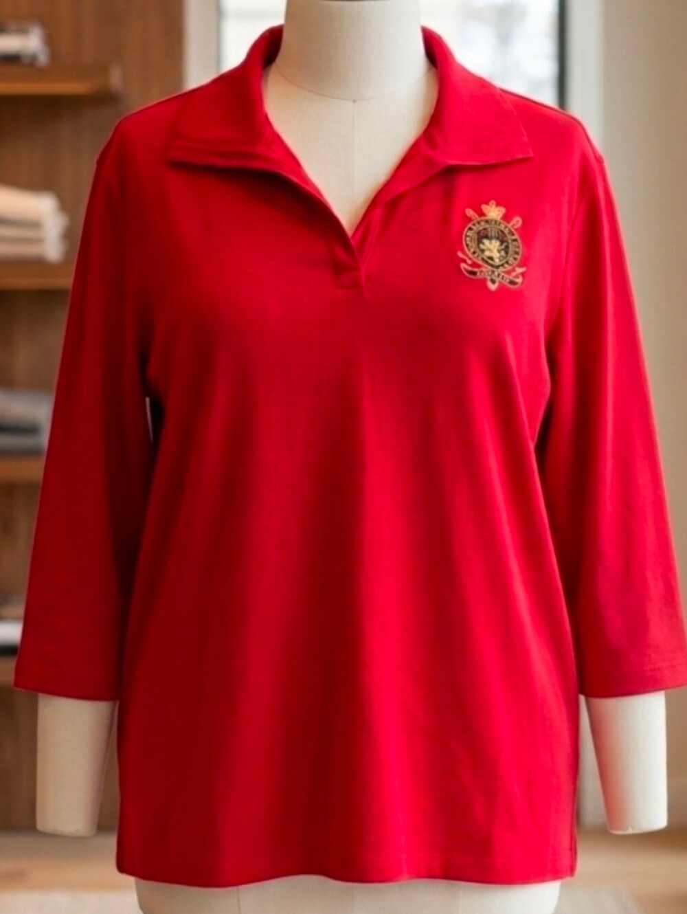 Lauren Ralph Lauren 3X NWT Red Crest Embroidered 3/4 Sleeve V-Neck Top Shirt